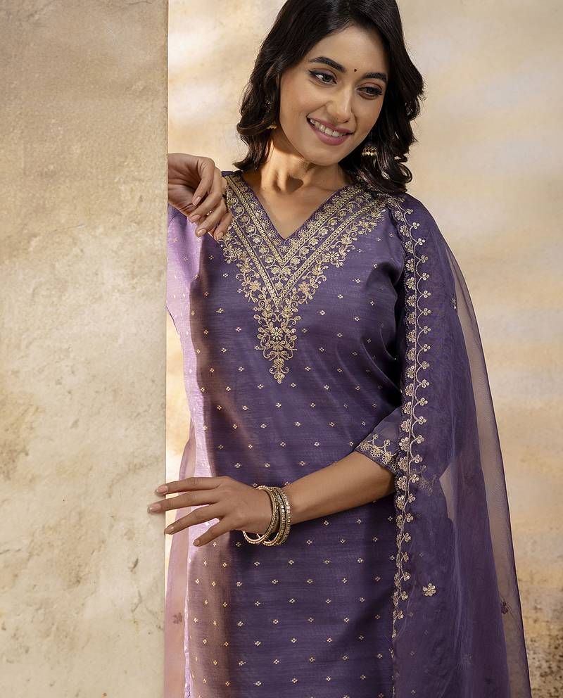 lavender silk blend embroidered kurta pant set