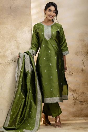 olive embroidered kurta pant set with dupatta