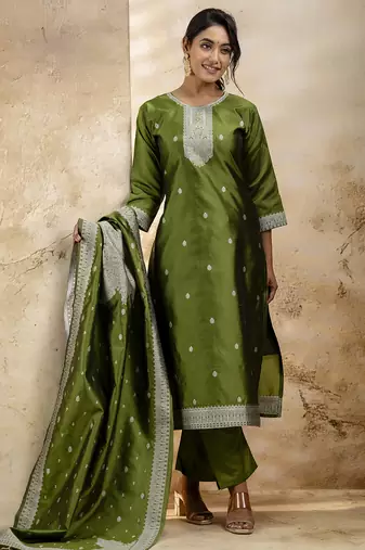 olive embroidered kurta pant set with dupatta