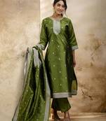 olive embroidered kurta pant set with dupatta