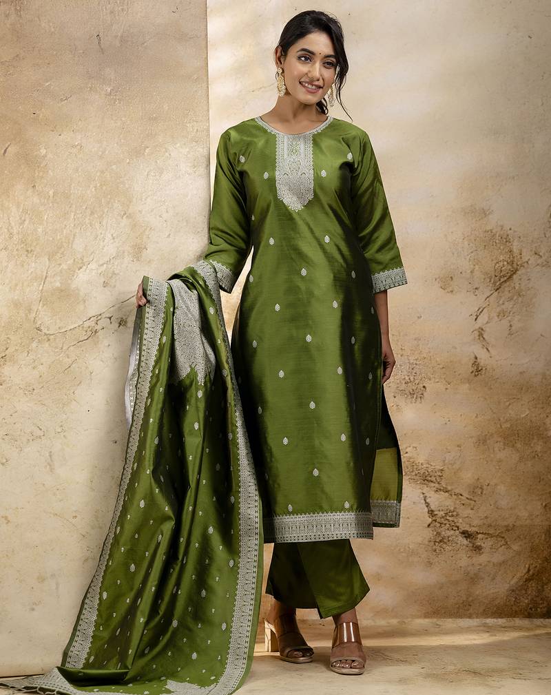 olive embroidered kurta pant set with dupatta