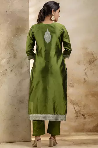 olive embroidered kurta pant set with dupatta