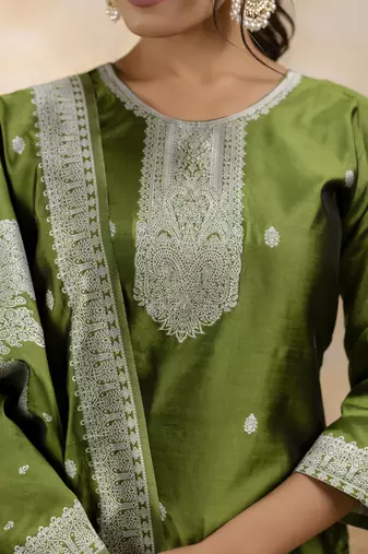 olive embroidered kurta pant set with dupatta