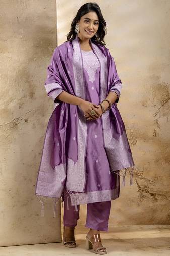 lavender embroidered kurta pant set with dupatta