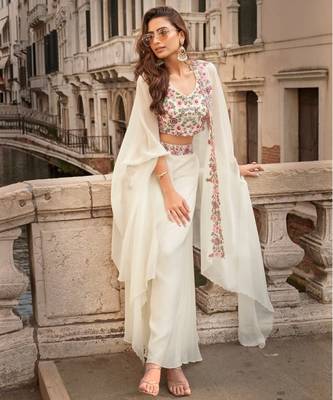 white chinon silk shrug suit - full stitched free size 2