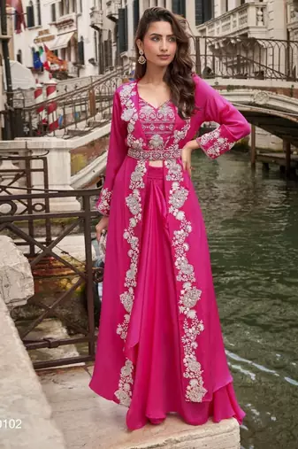 magenta chinon silk shrug suit - full stitched free size