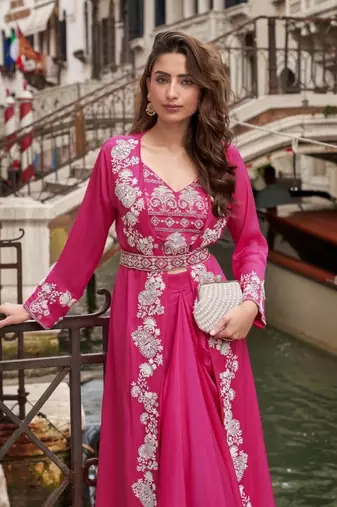 magenta chinon silk shrug suit - full stitched free size
