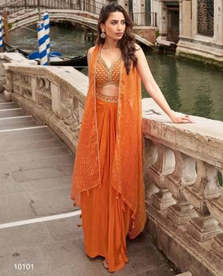 orange chinon silk shrug suit - full stitched free size 1