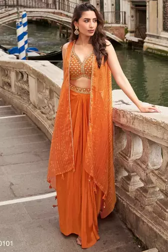 orange chinon silk shrug suit - full stitched free size