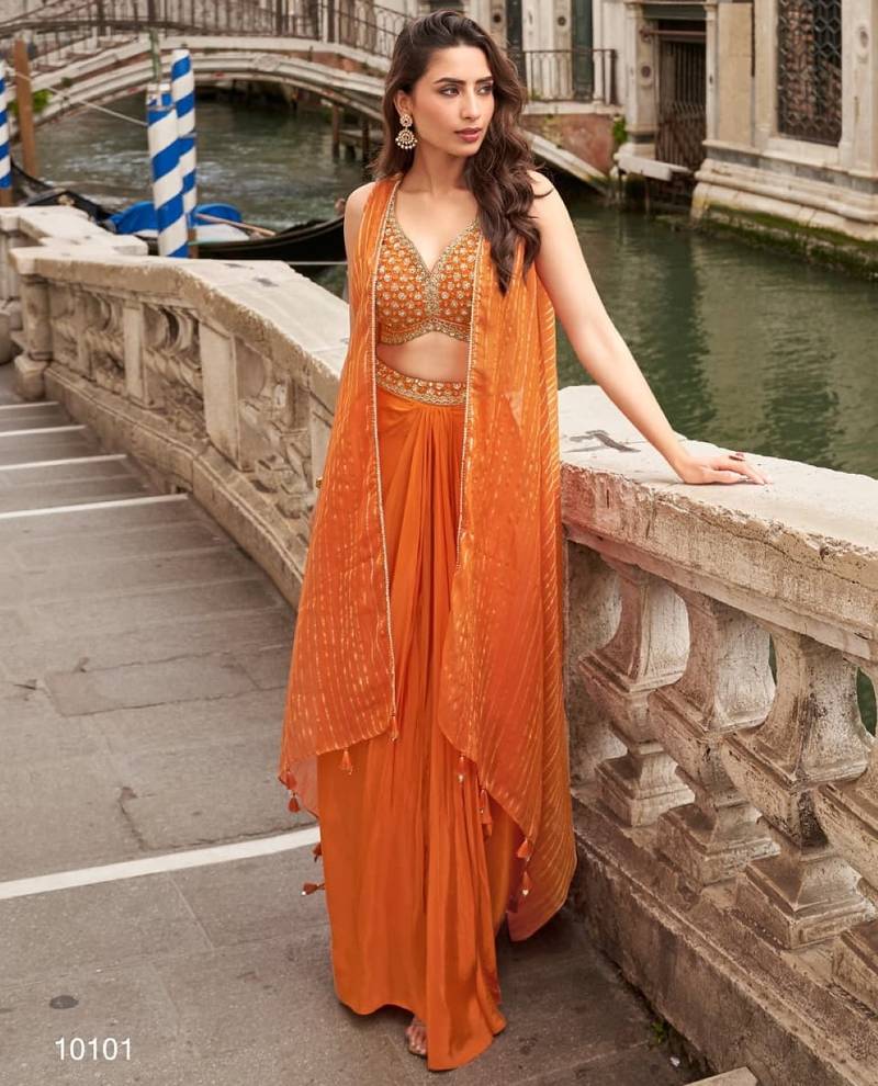 orange chinon silk shrug suit - full stitched free size