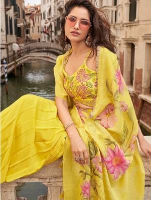 yellow chinon silk shrug suit - full stitched free size 2