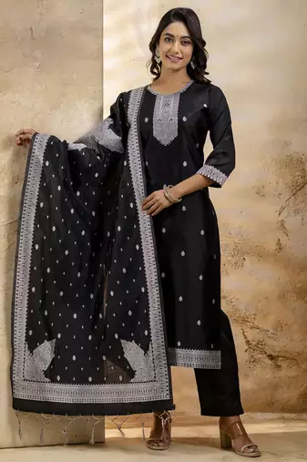 black cotton blend embroidered kurta pant set