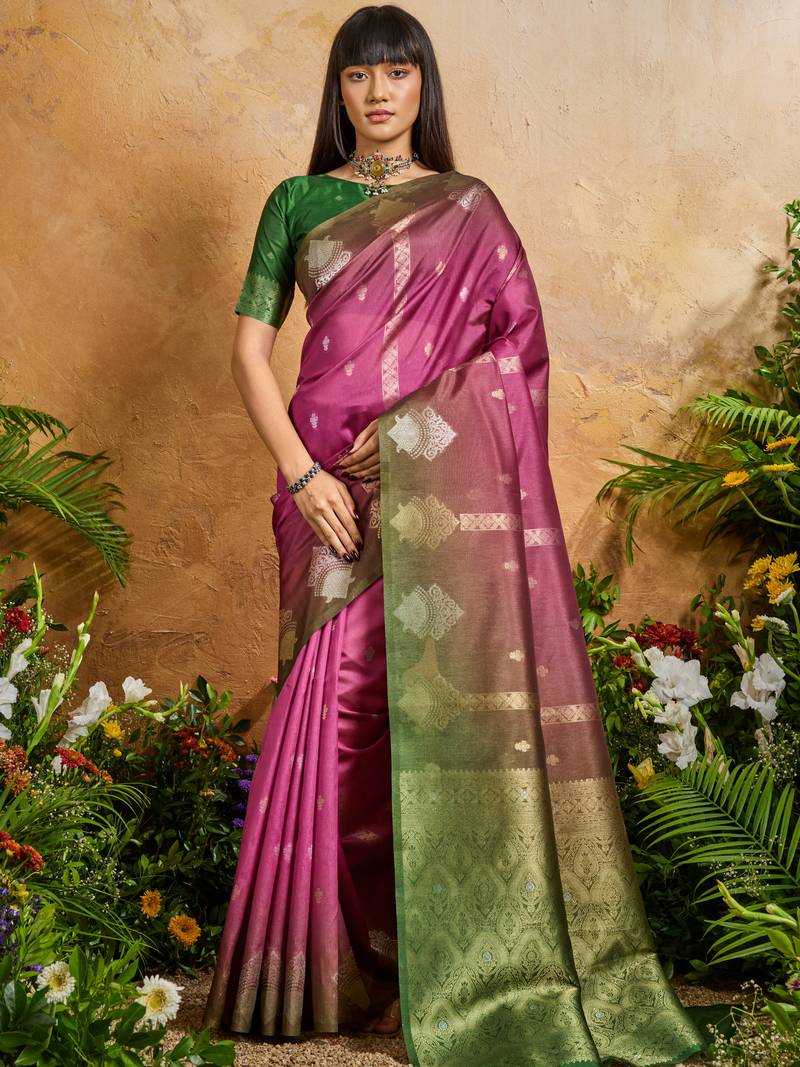 pink elegant handloom weaving paper silk blend saree