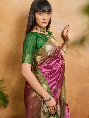 pink elegant weaving paper silk blend saree 4