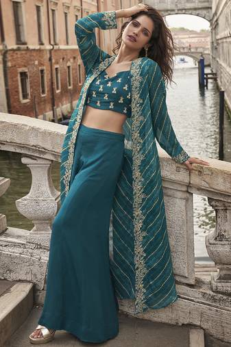 blue chinon silk embroidered palazzo suit