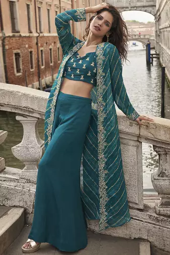 blue chinon silk embroidered palazzo suit