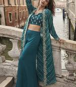 blue chinon silk embroidered palazzo suit