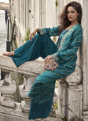 blue chinon silk embroidered palazzo suit 2