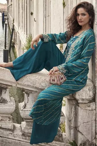 blue chinon silk embroidered palazzo suit