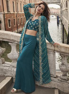 blue chinon silk embroidered palazzo suit 3