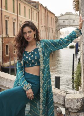 blue chinon silk embroidered palazzo suit 4