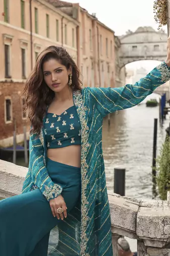 blue chinon silk embroidered palazzo suit