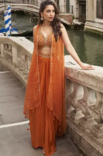 orange chinon silk embroidered palazzo wedding suit