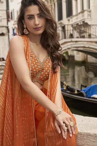 orange chinon silk embroidered palazzo wedding suit