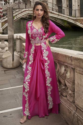 pink chinon silk embroidered palazzo suit