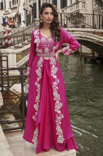 pink chinon silk embroidered palazzo suit