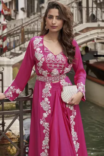 pink chinon silk embroidered palazzo suit