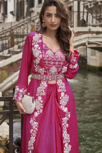 pink chinon silk embroidered palazzo suit