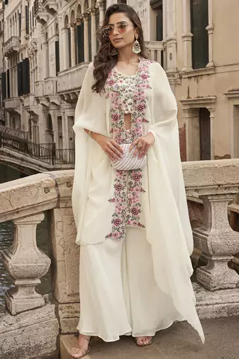 off white chinon silk embroidered palazzo suit