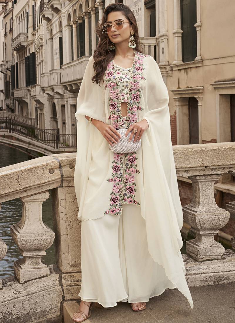 off white chinon silk embroidered palazzo suit