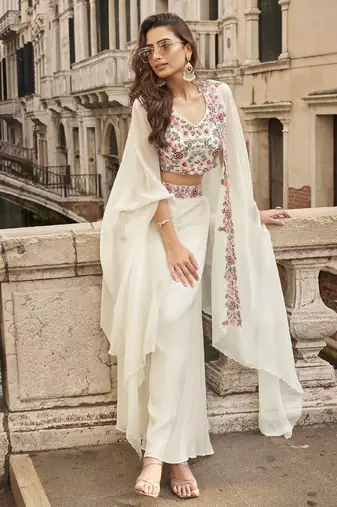 off white chinon silk embroidered palazzo suit