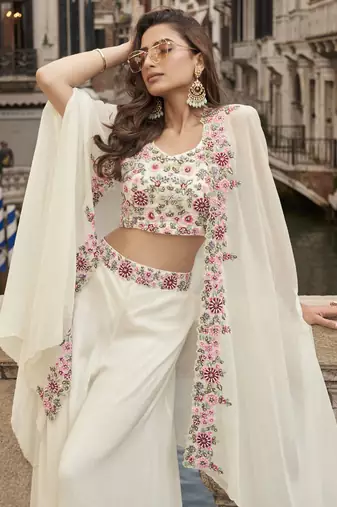 off white chinon silk embroidered palazzo suit