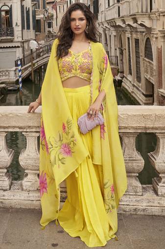 yellow chinon silk embroidered palazzo suit