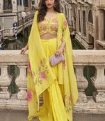 yellow chinon silk embroidered palazzo suit