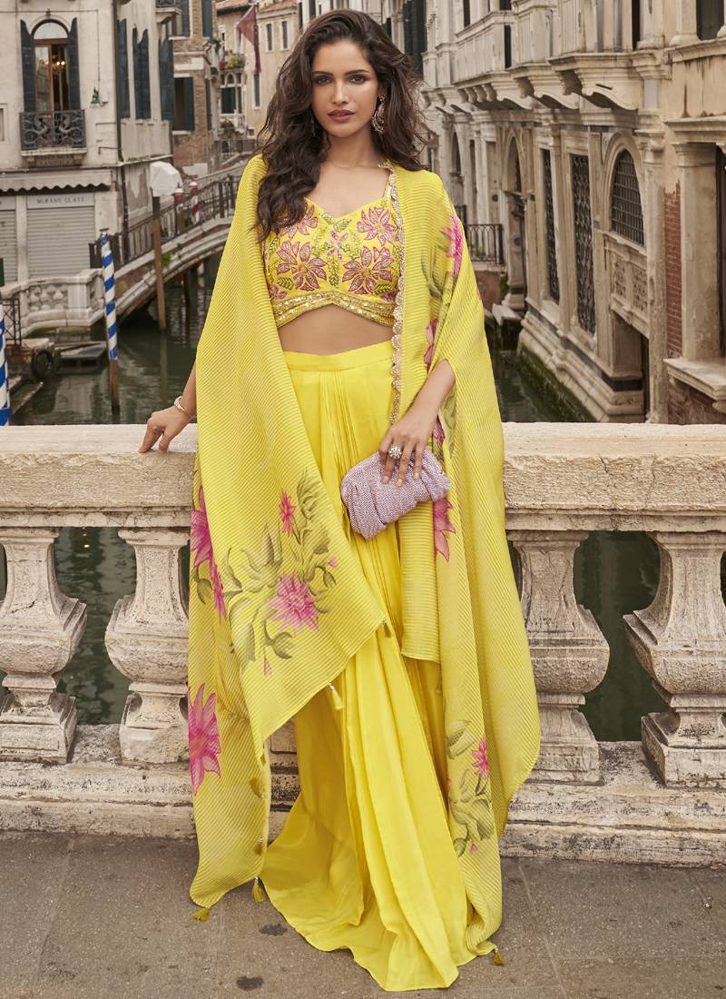 yellow chinon silk embroidered palazzo suit