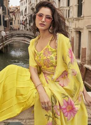 yellow chinon silk embroidered palazzo suit 2