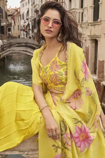 yellow chinon silk embroidered palazzo suit