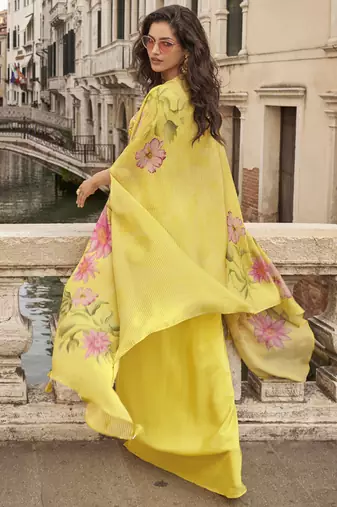 yellow chinon silk embroidered palazzo suit