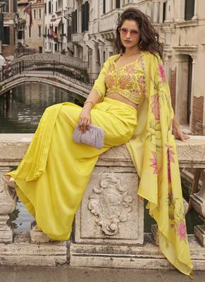 yellow chinon silk embroidered palazzo suit 4