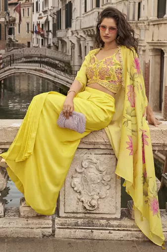 yellow chinon silk embroidered palazzo suit