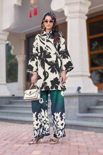 white printed satin co-ord tunic & palazzo set