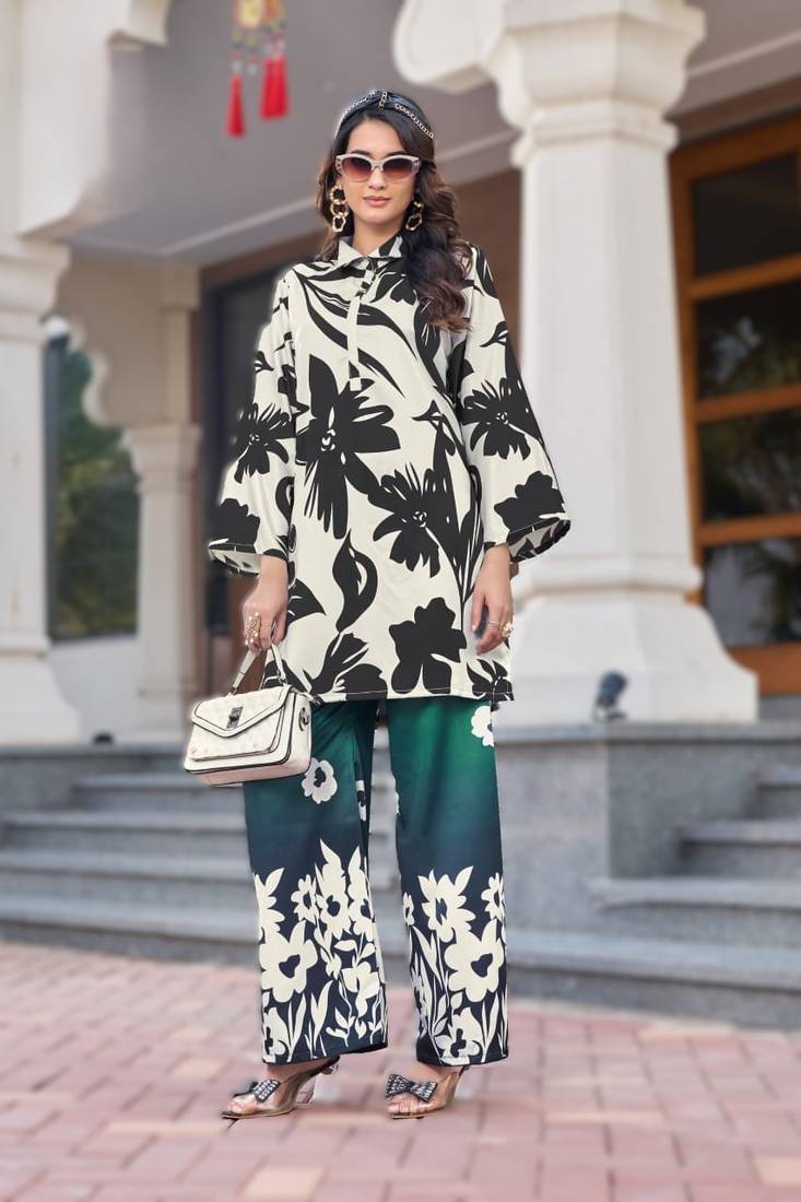 white printed satin co-ord tunic & palazzo set