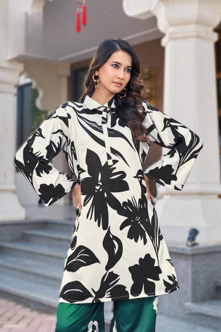 white printed satin co-ord tunic & palazzo set