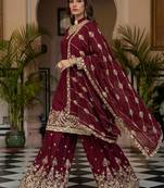 Maroon Embroidered Chinon Palazzo Suit