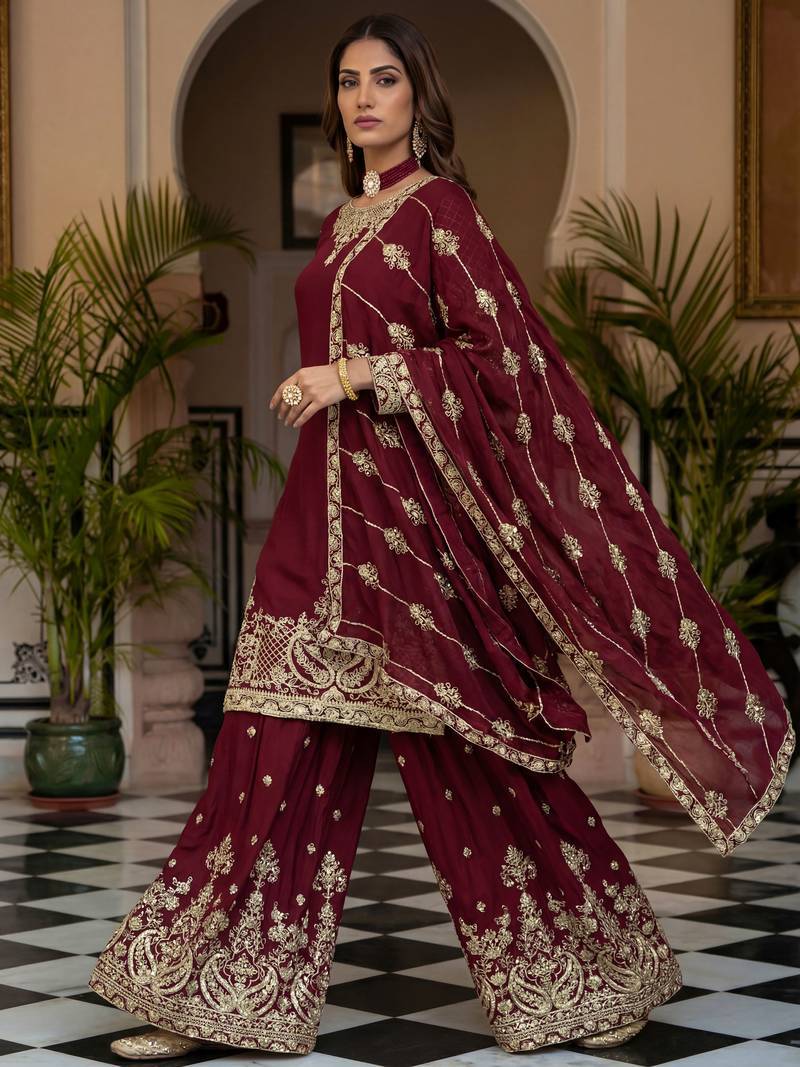 Maroon Embroidered Chinon Palazzo Suit