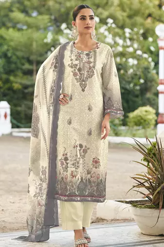 cream lawn cotton digital printed dress material